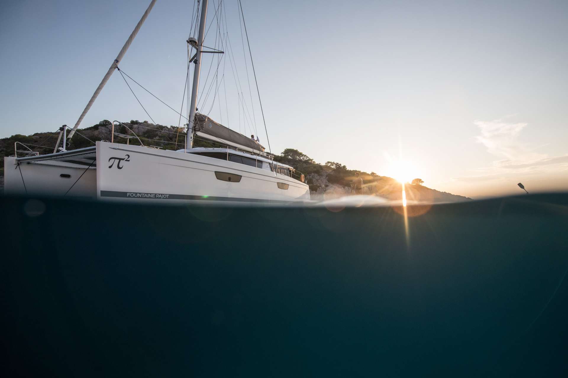 Pi 2 Crewed Saba 50 Catamaran Charter Anchored in Greece