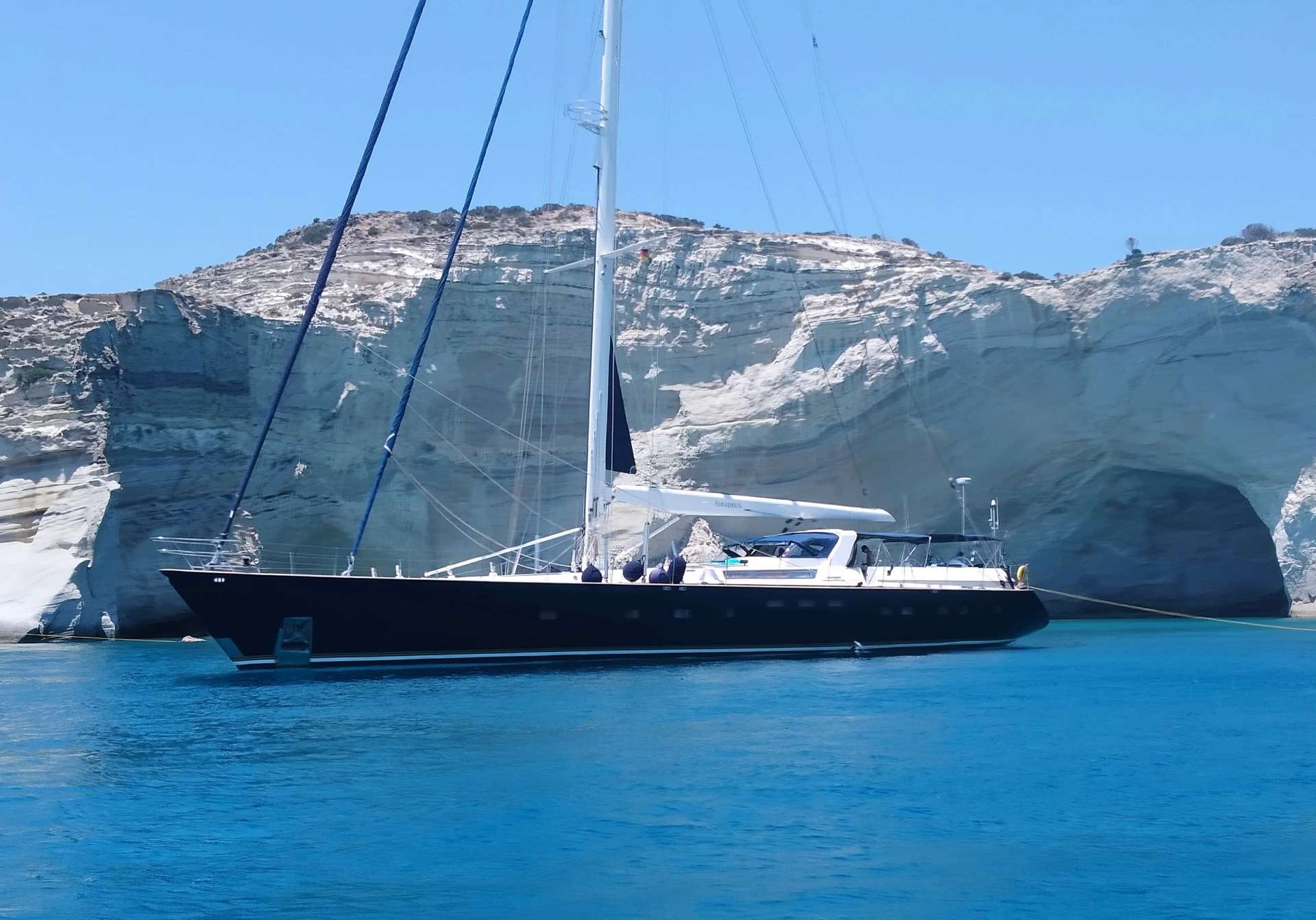 Amadeus Crewed Dynamique Sailing Yacht Charter at Anchor in Greece