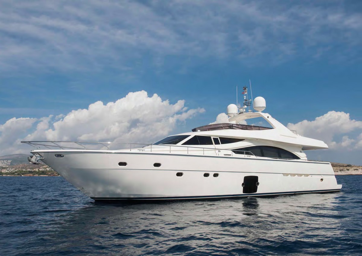 Julie M Crewed Ferretti 88 Motoryacht Charter Anchored in Greece