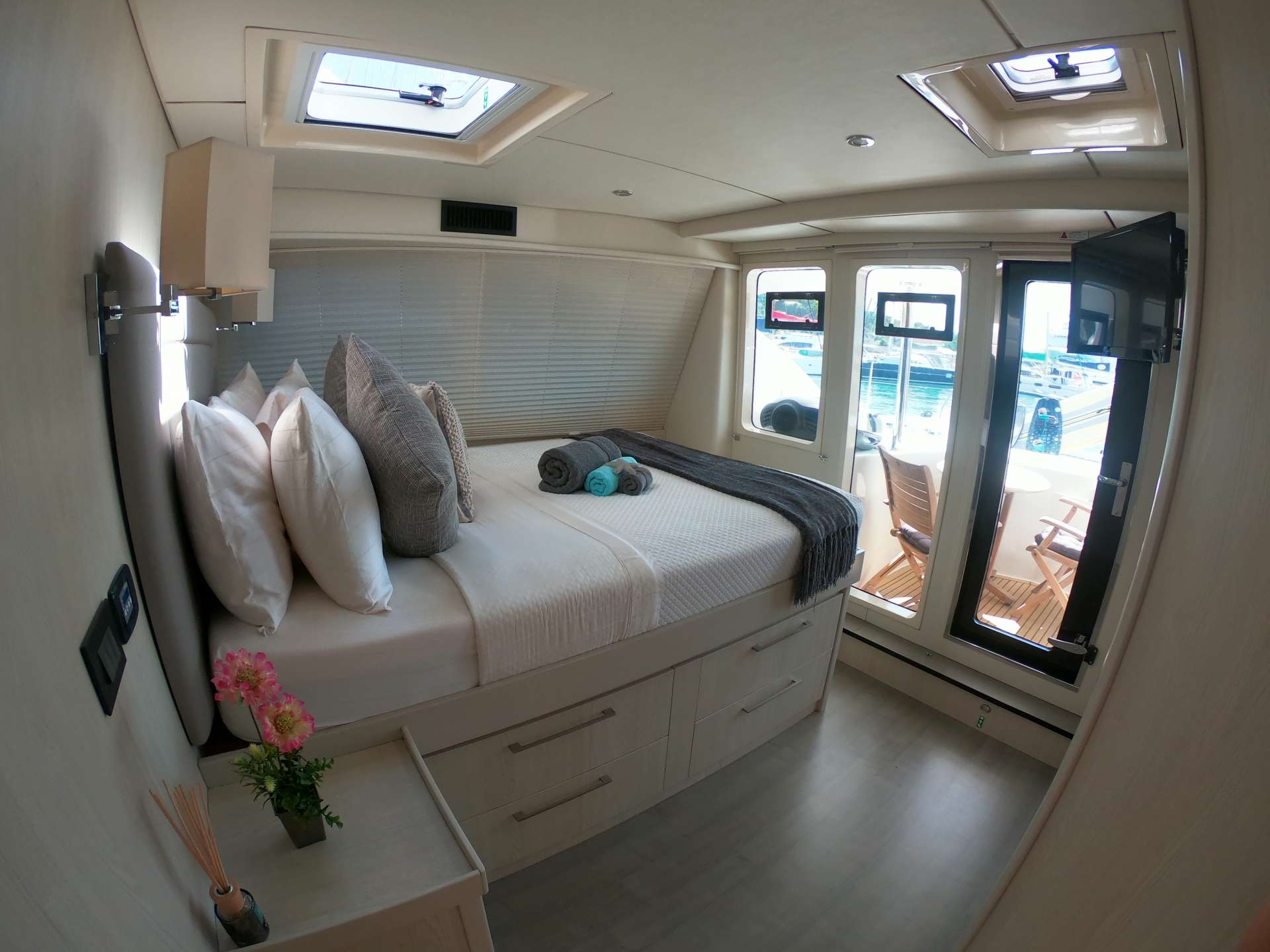 Something Wonderful Crewed Catamaran Charters Master Cabin Private Entrance to Bow Lounge