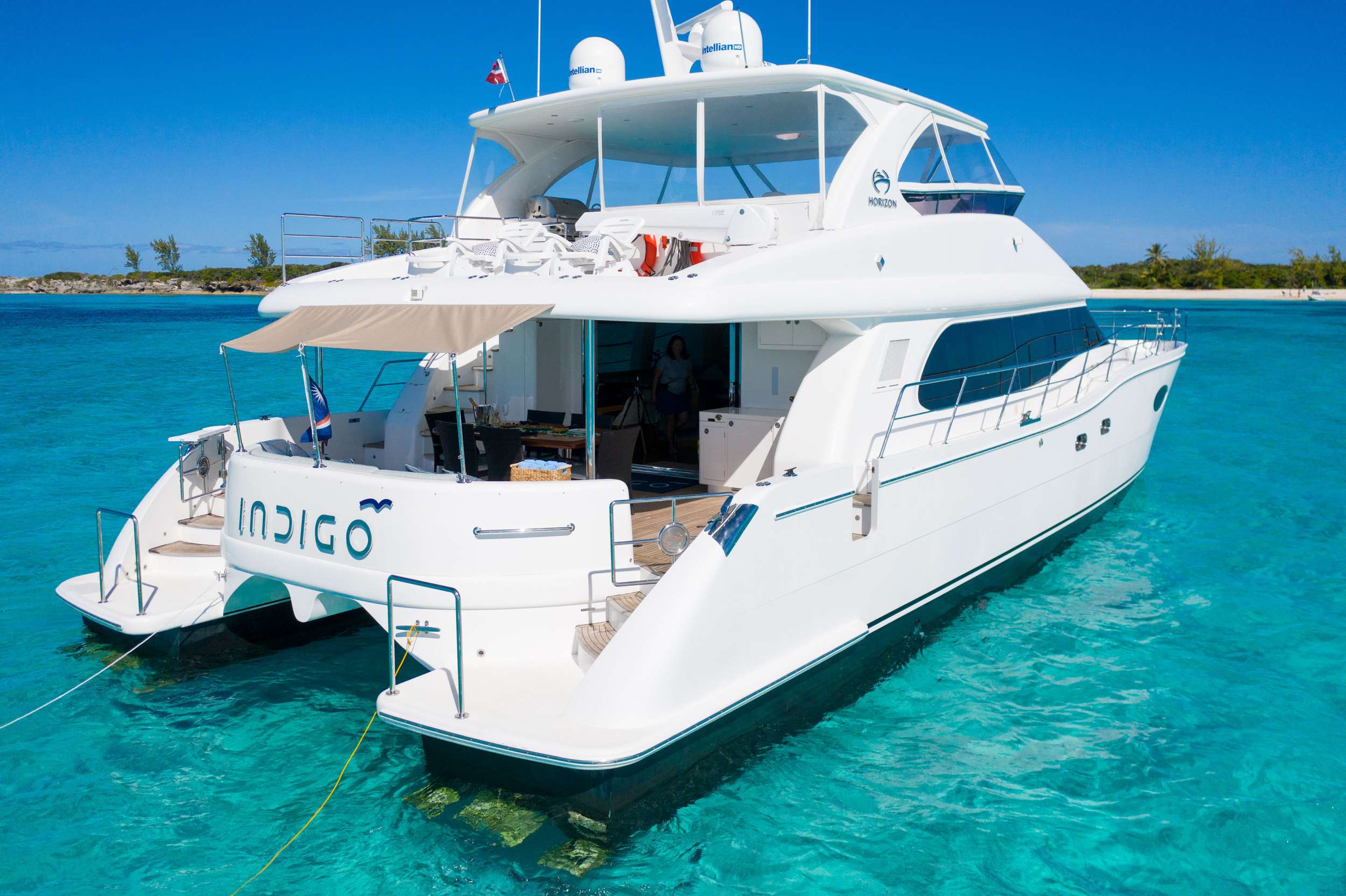 Indigo Crewed Horizon 60 Powercat Charters Cruising the Exumas