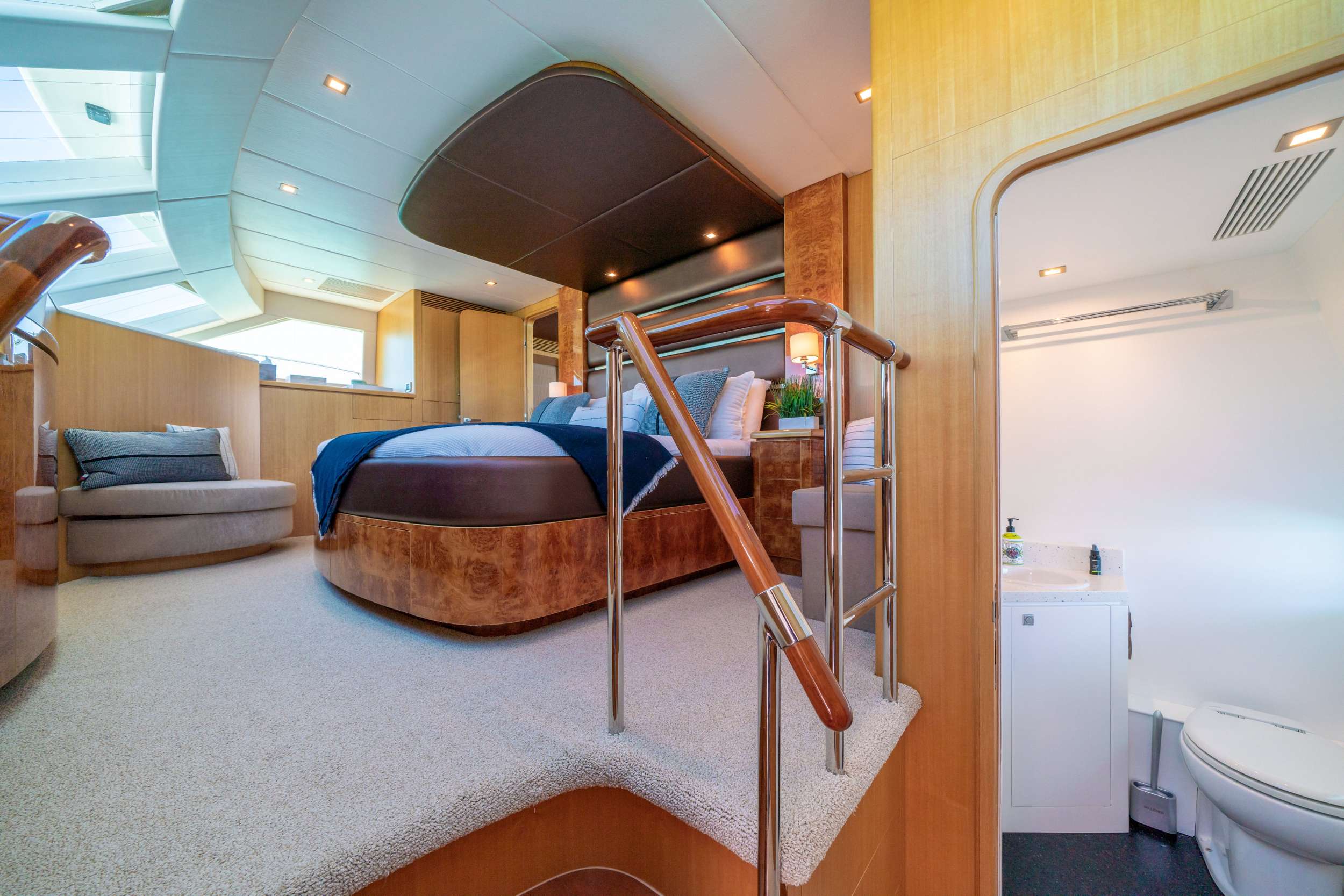 Indigo Crewed Horizon 60 Powercat Charters Master Cabin with Walkaround King Bed