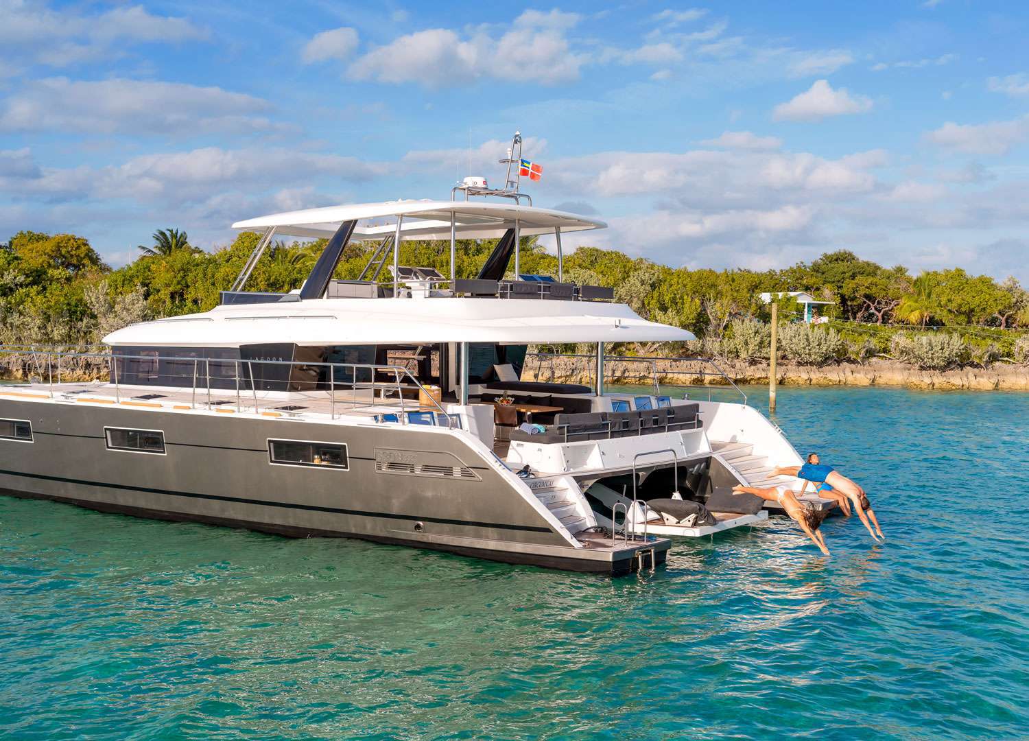 Ultra Lagoon 630 Powercat Crewed Charters Anchored in the Virgin Islands