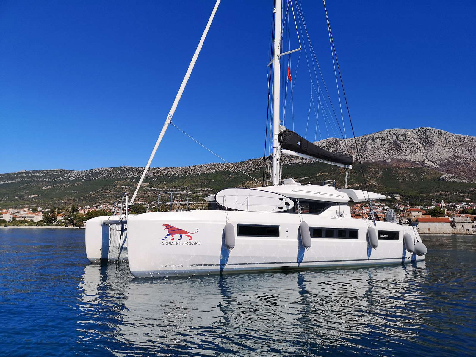 Adriatic Leopard crewed Lagoon 50 catamaran charter anchored in Croatia