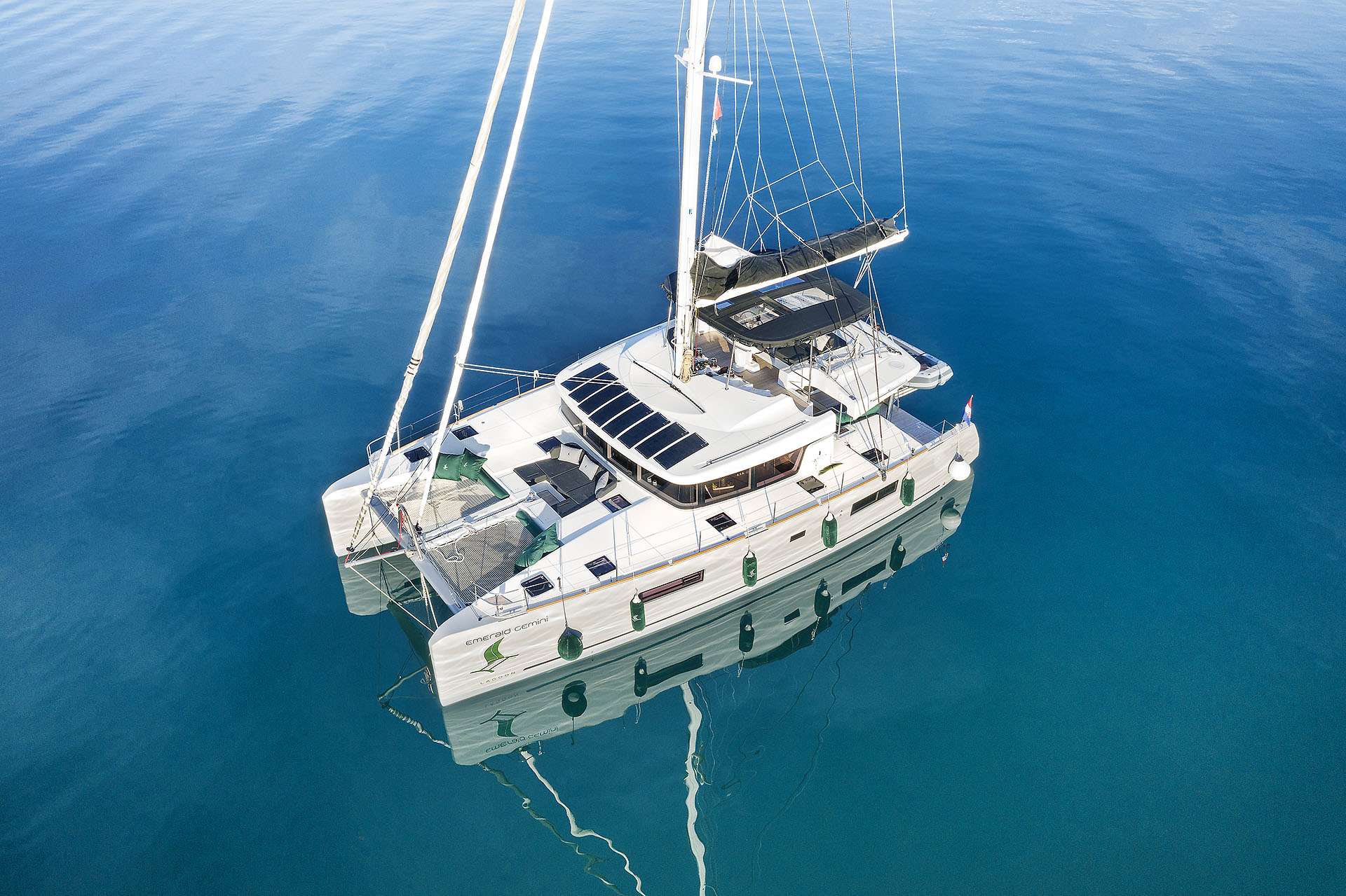 Emerald Gemini crewed Lagoon 52 catamaran charter anchored in Croatia