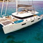 Valium62 crewed Lagoon 620 catamaran charter at anchor in Greece