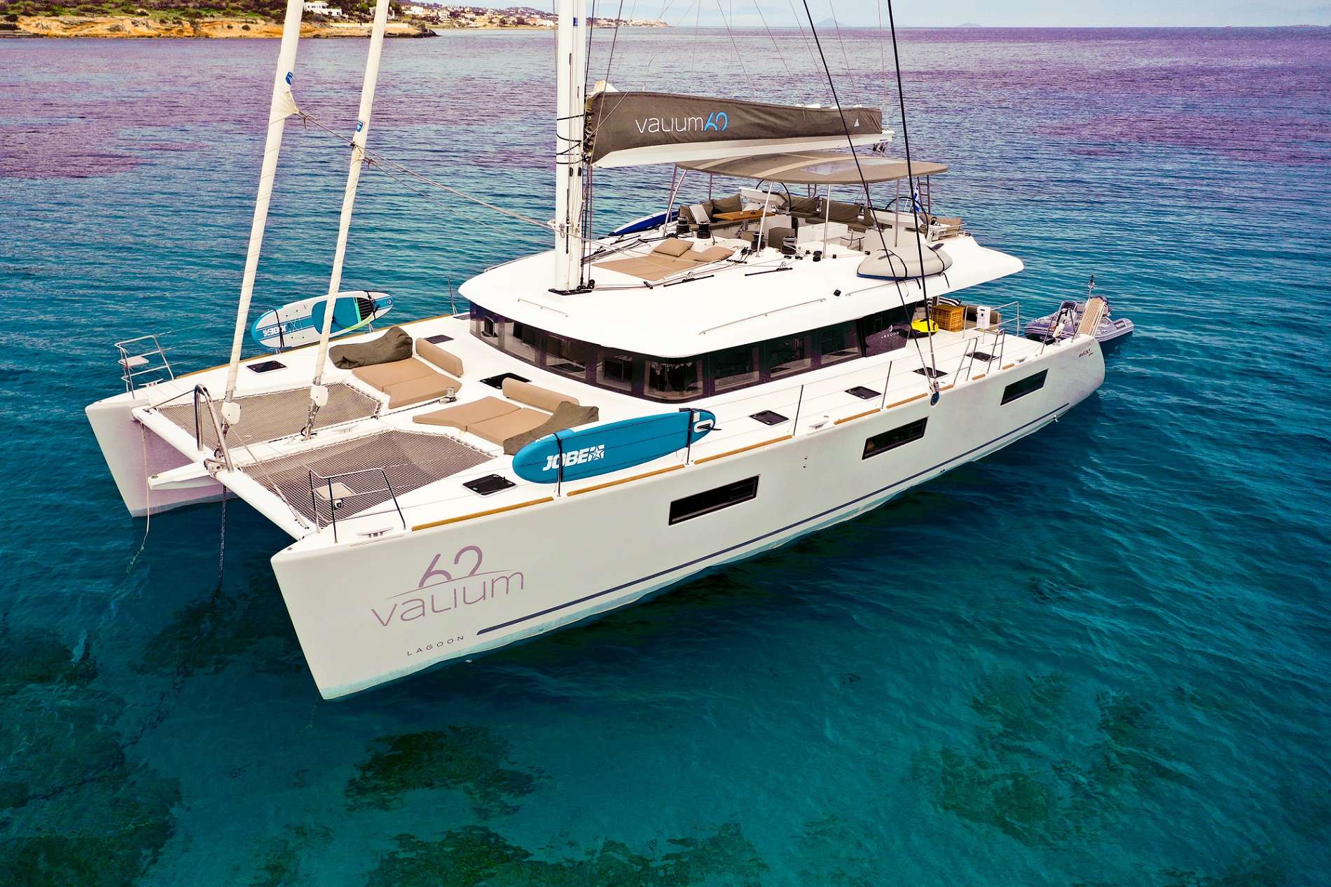 Valium62 crewed Lagoon 620 catamaran charter at anchor in Greece