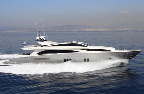 Dragon luxury crewed Guy Couach 121 motor yacht charter under power in Greece