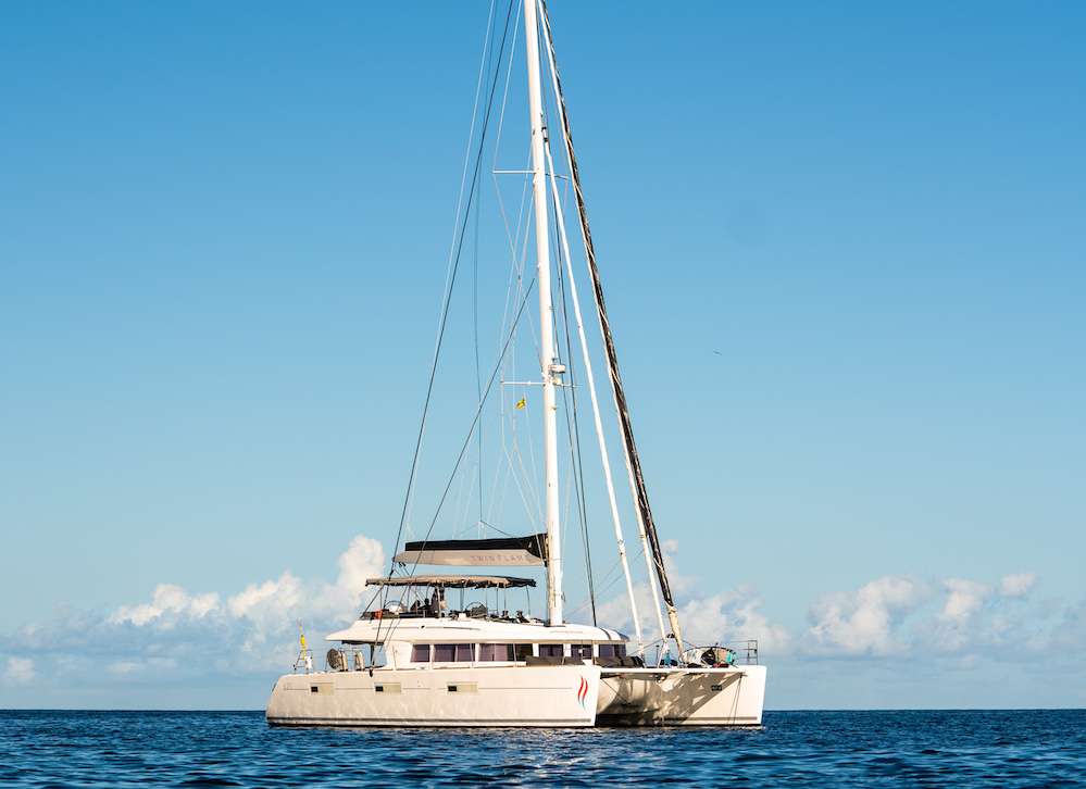 Huntress Crewed Lagoon 62 Catamaran Charter at anchor in the Virgin Islands
