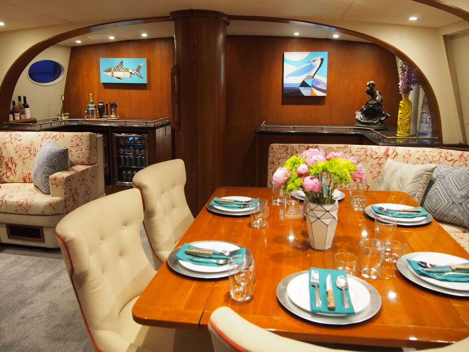 August Maverick Crewed Yacht Salon Dining