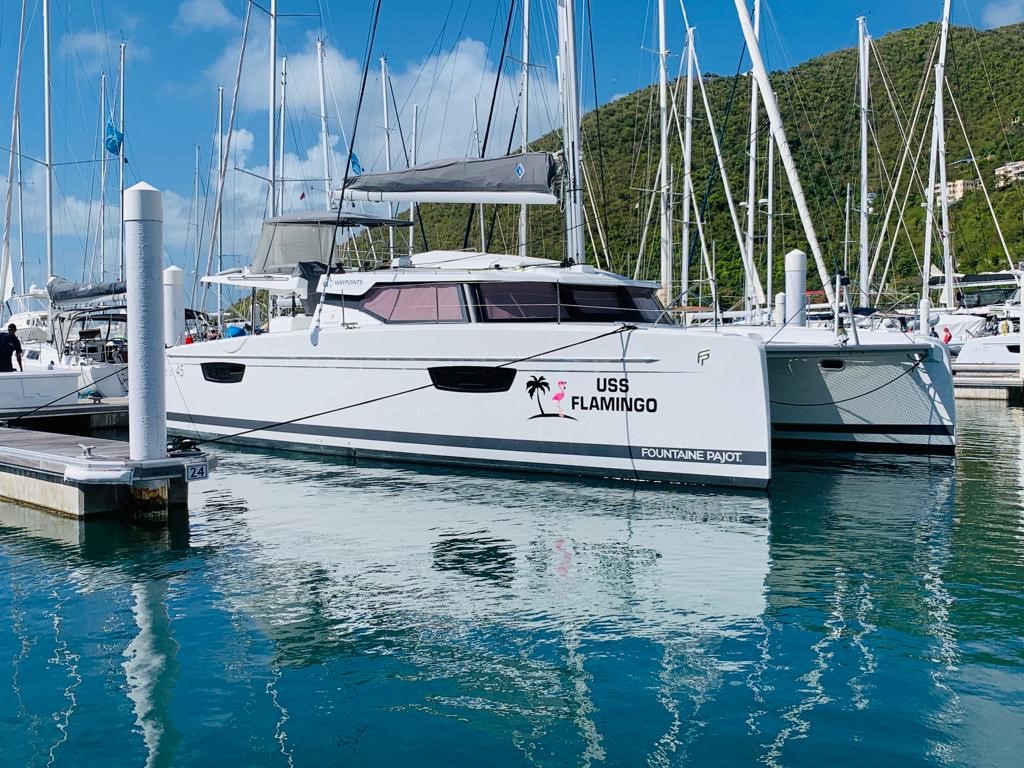 Fountaine Pajot Elba 45 Catamaran USS Flamingo in the BVI