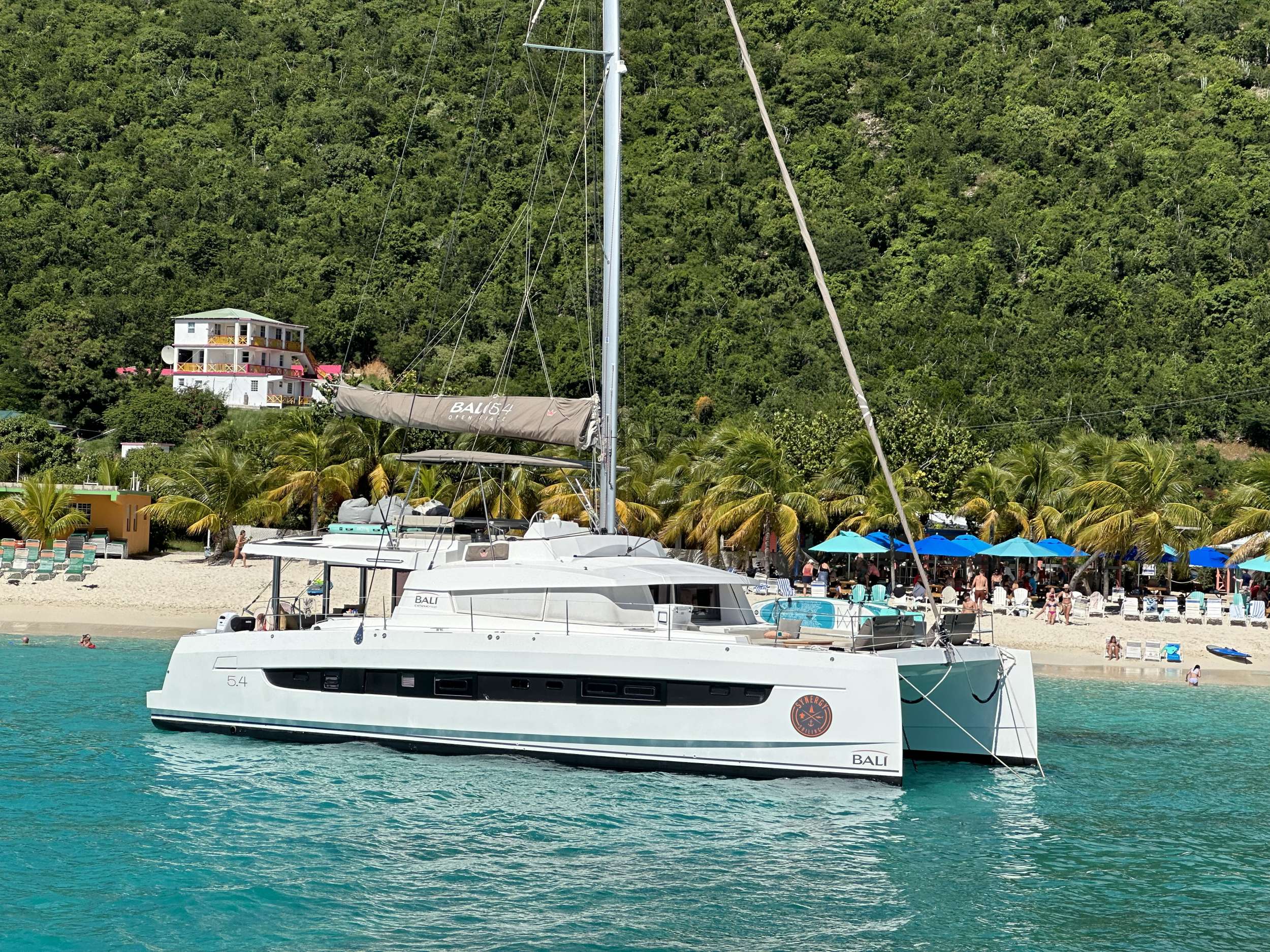 Synergy Crewed Catamaran Charter Anchored in the BVI