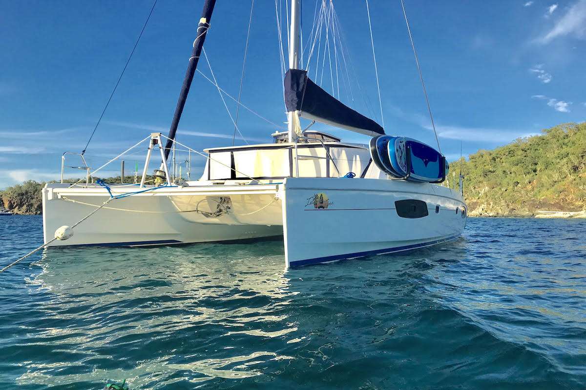 Island Time crewed Leopard 44 catamaran charter anchored in the USVI