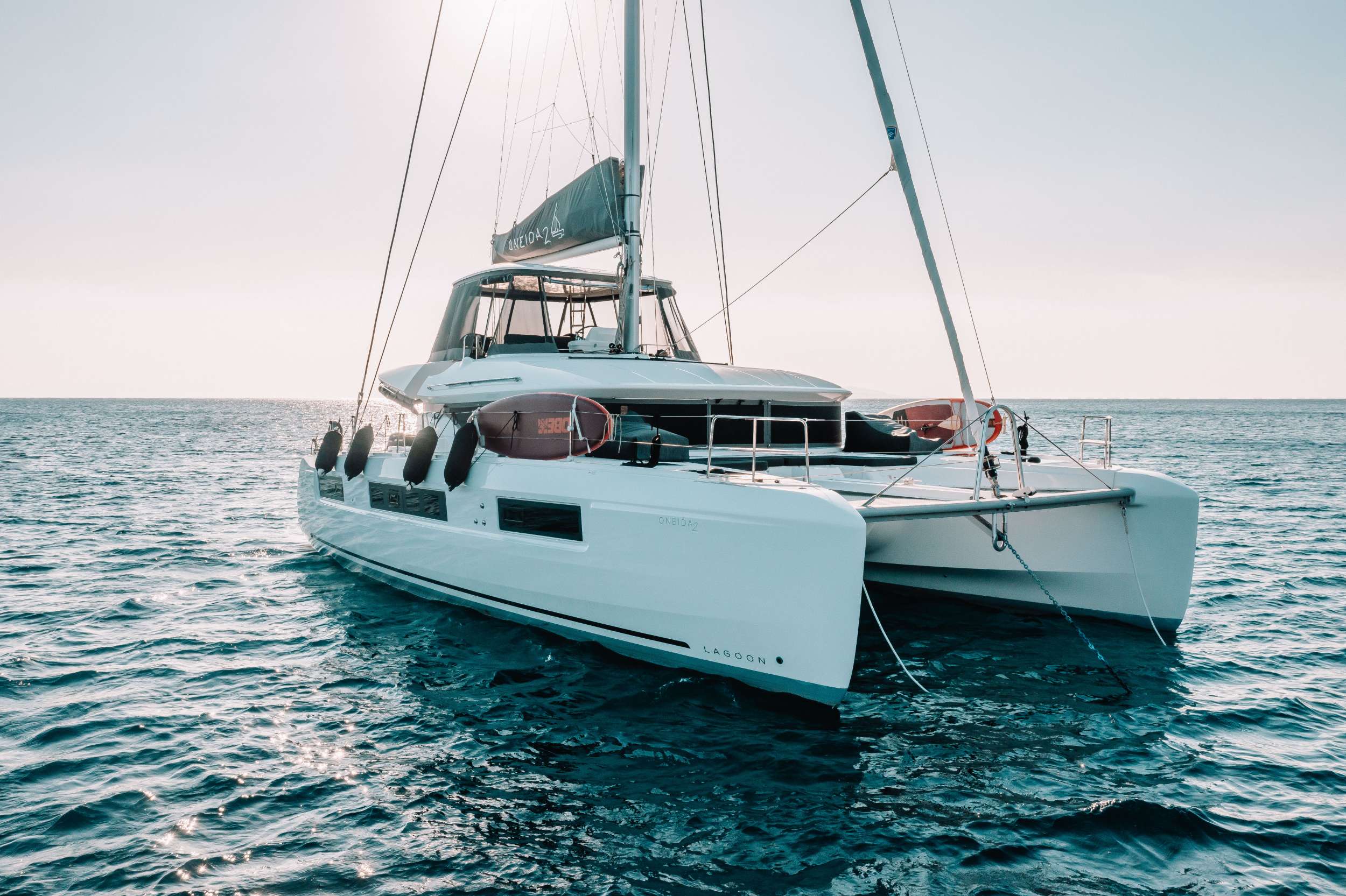 Oneida 2 crewed Lagoon 50 catamaran charter anchored in Greece