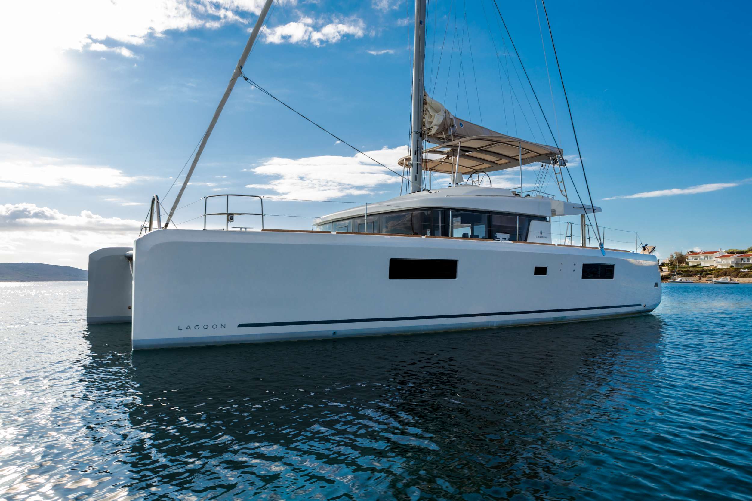 Madinina Crewed Lagoon 52 Catamaran Charter Anchored in Greece