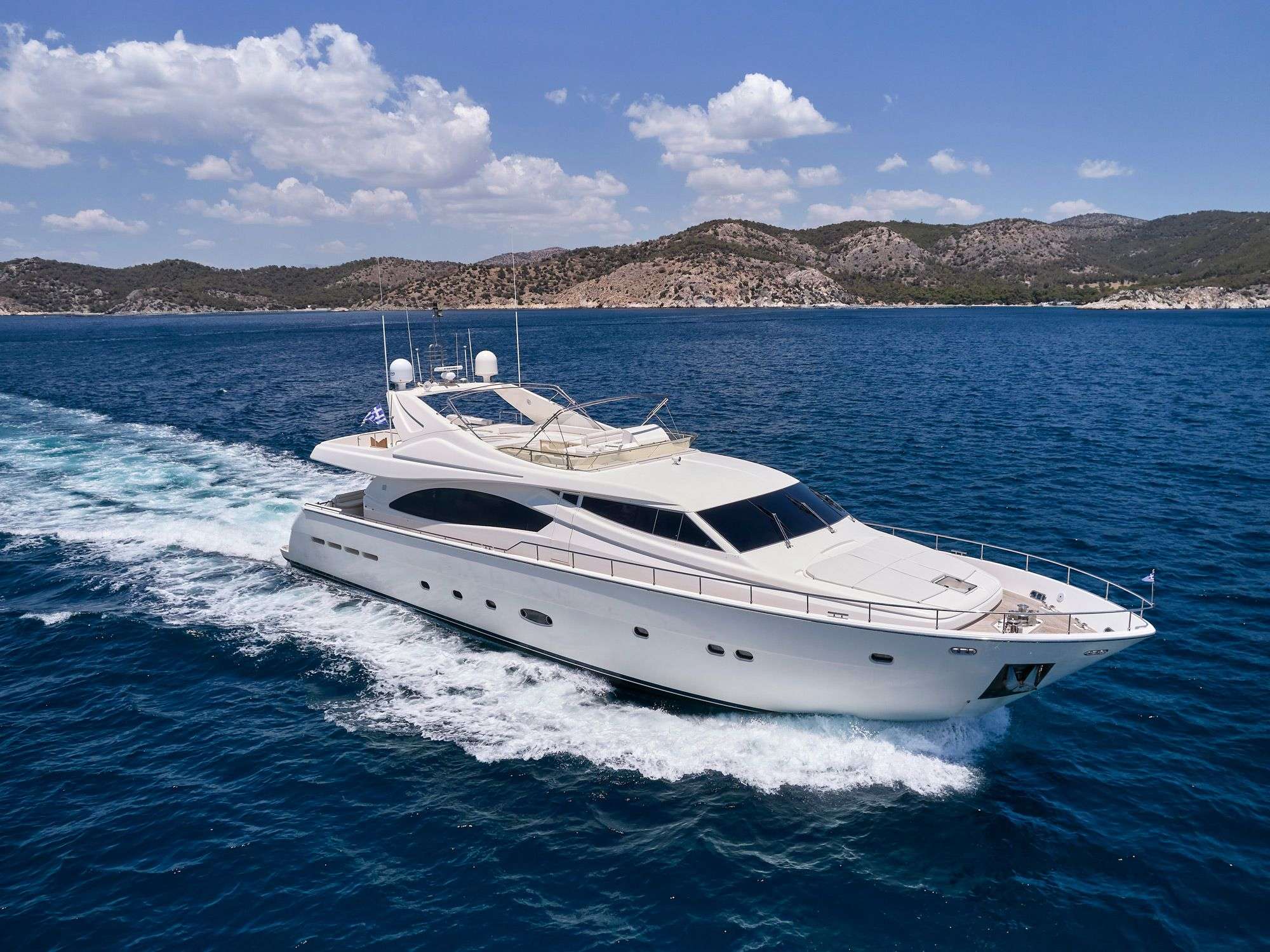 Estia Yi Crewed Ferretti 881 Motoryacht Charter Cruising in Greece