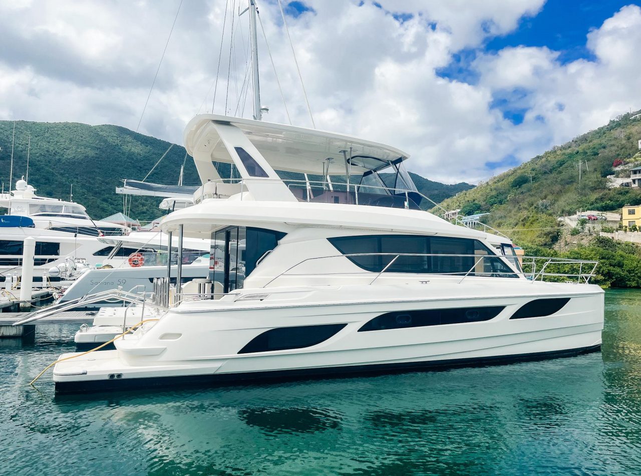 Aquila 48 Power Catamaran Three Quarters Full in the BVI