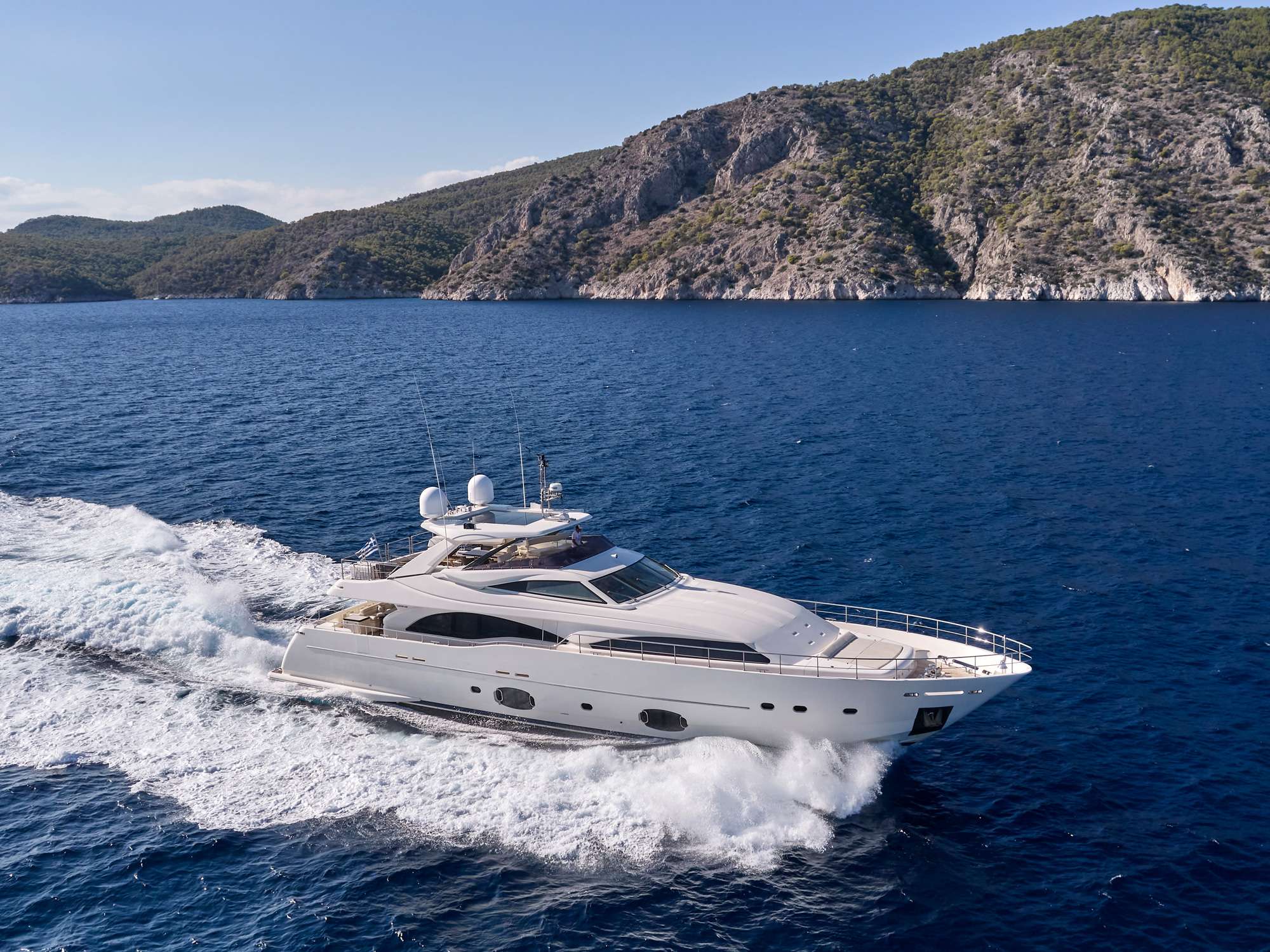 Seven S Crewed Ferretti 97 Motoryacht Charter Cruising in Greece