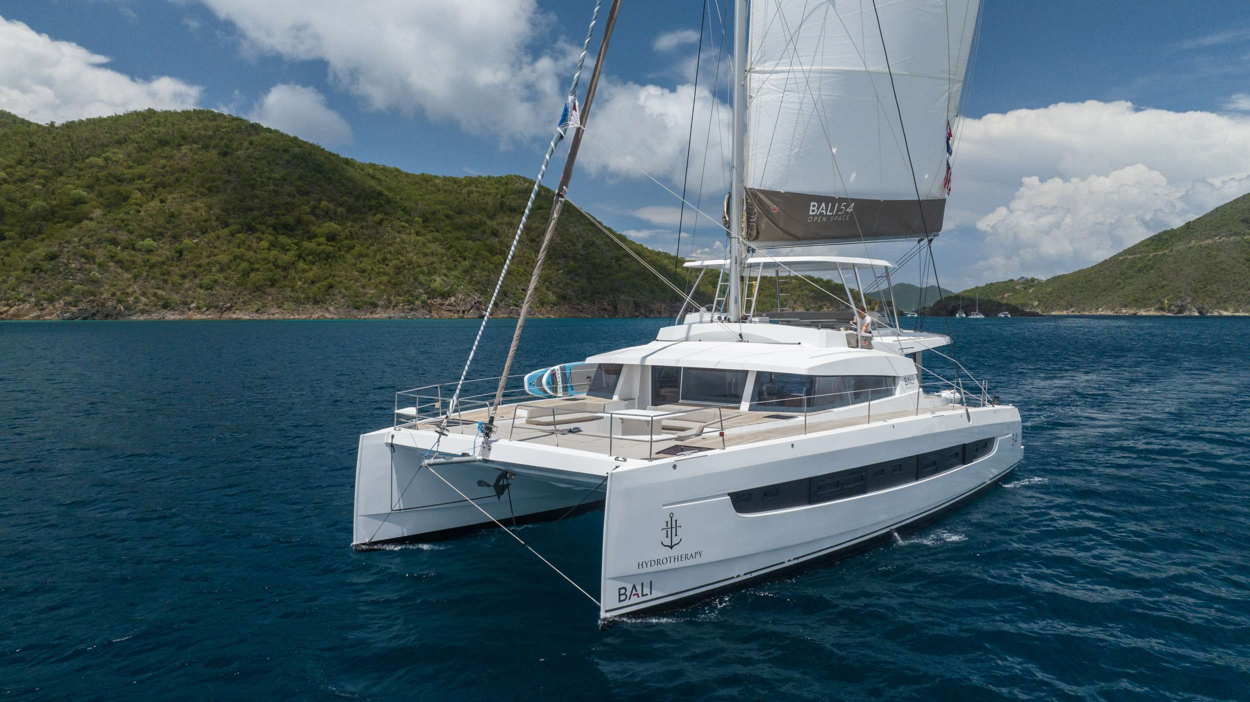 hydrotherapy crewed Bali 5.4 catamaran charters sailing the BVI.