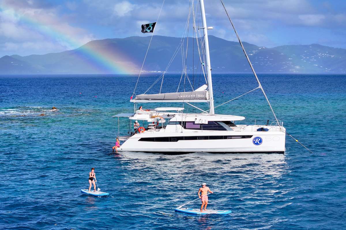 Reach Crewed Leopard 50 Catamaran Charters Sailing the BVI.