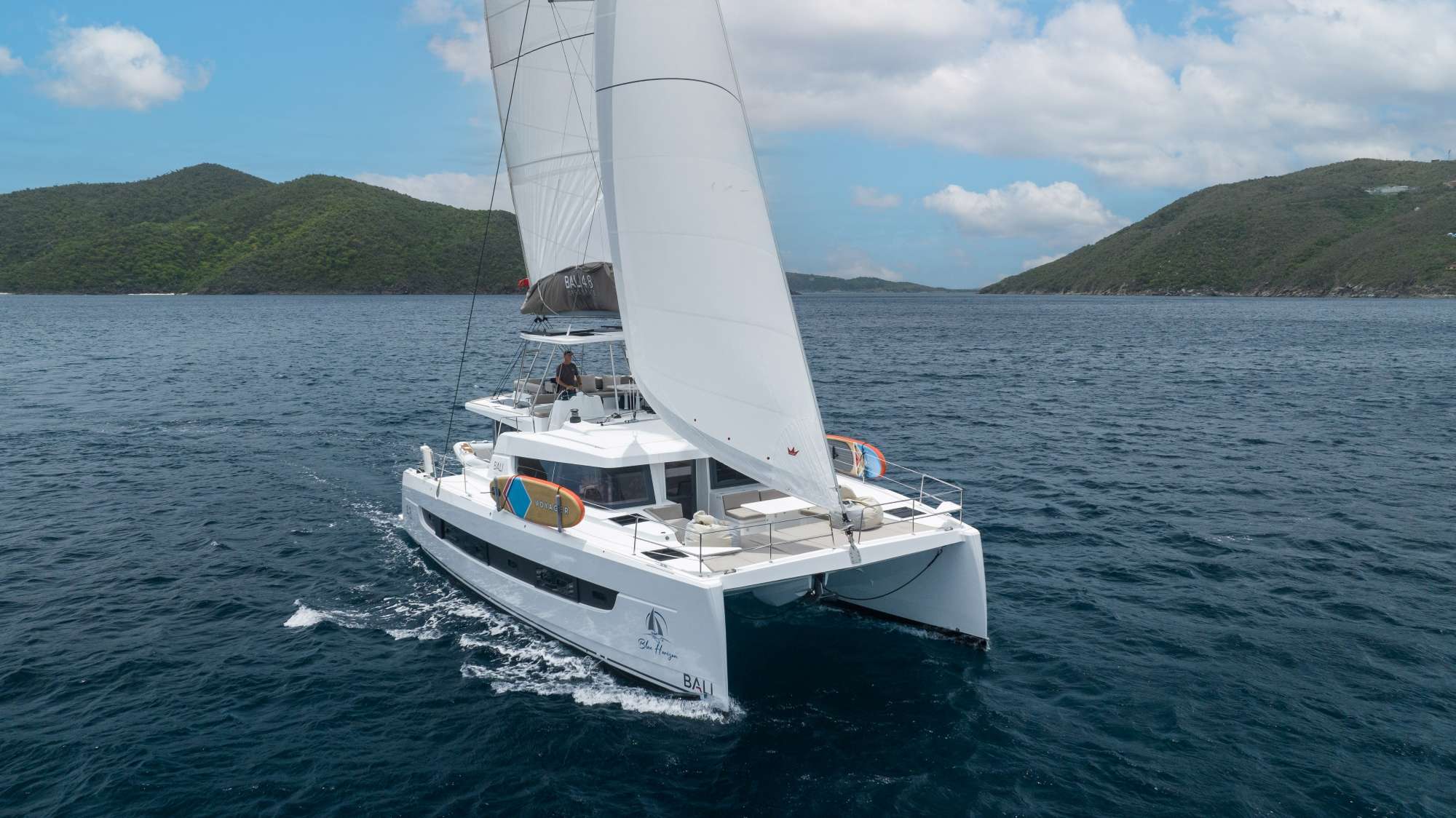 Blue Horizon Crewed Bali 4.8 Catamaran Charter Discount Sailing the Virgin Islands.