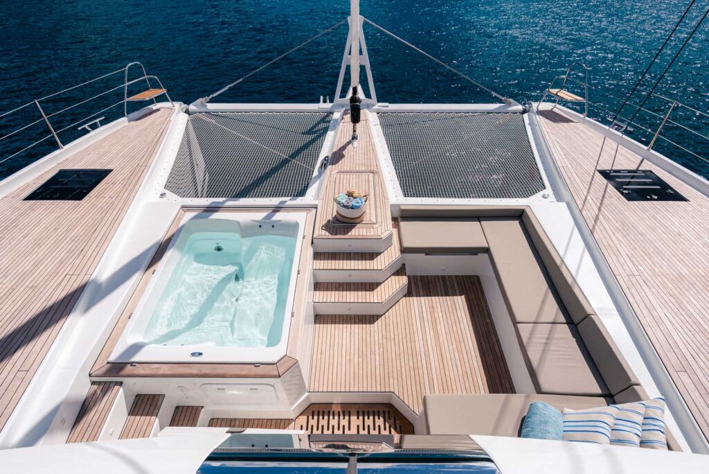 Bliss Luxury Crewed Catamaran Aeriel View of Forward Deck Lounge Area