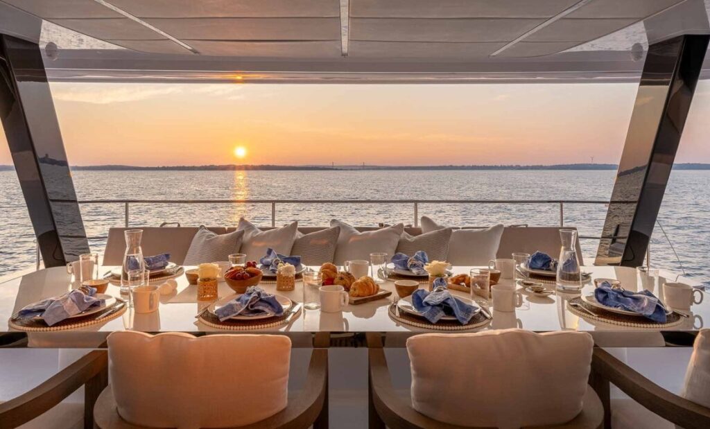 SOL Crewed Power Catamaran Breakfast View