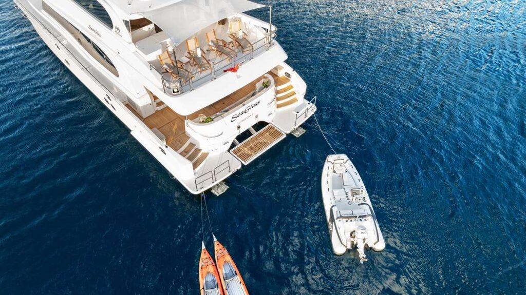 Luxury Crewed Power Catamaran Seaglass 74 Transom Aerial View