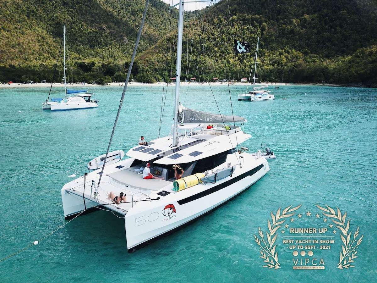 Sea Dog crewed Leopard 50 catamaran charters Sailng the BVI.