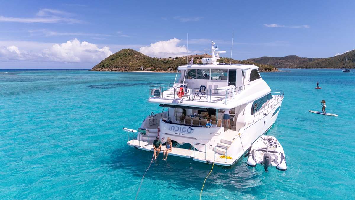 Indigo Crewed Horizon 60 Powercat Charters Cruising the BVI.